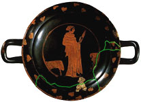 Attic red-figure kylix, alternate view of interior with gold foil and tondo