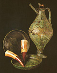 Bronze flagon, 2 bronze basins, and reconstructed drinking horns 