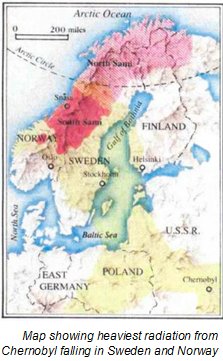 Map showing heaviest radiation from Chernobyl falling in Sweden and Norway